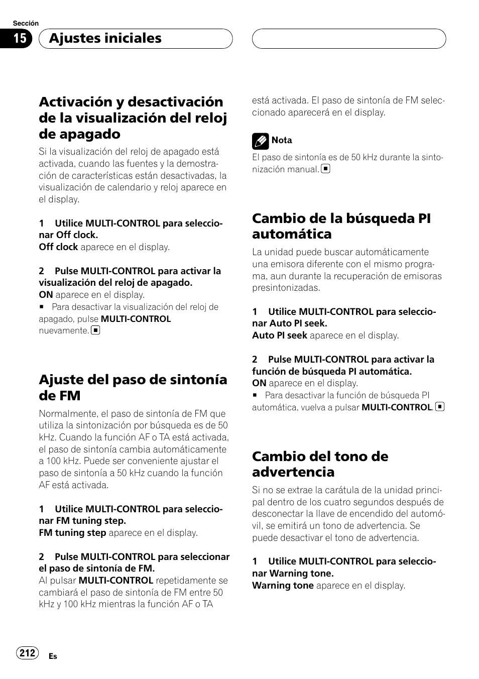 Activación y desactivación de la visualización, Del reloj de apagado, Ajuste del paso de sintonía de fm | Cambio de la búsqueda pi automática, Cambio del tono de advertencia, Ajustes iniciales | Pioneer DEH-P9800BT User Manual | Page 212 / 233
