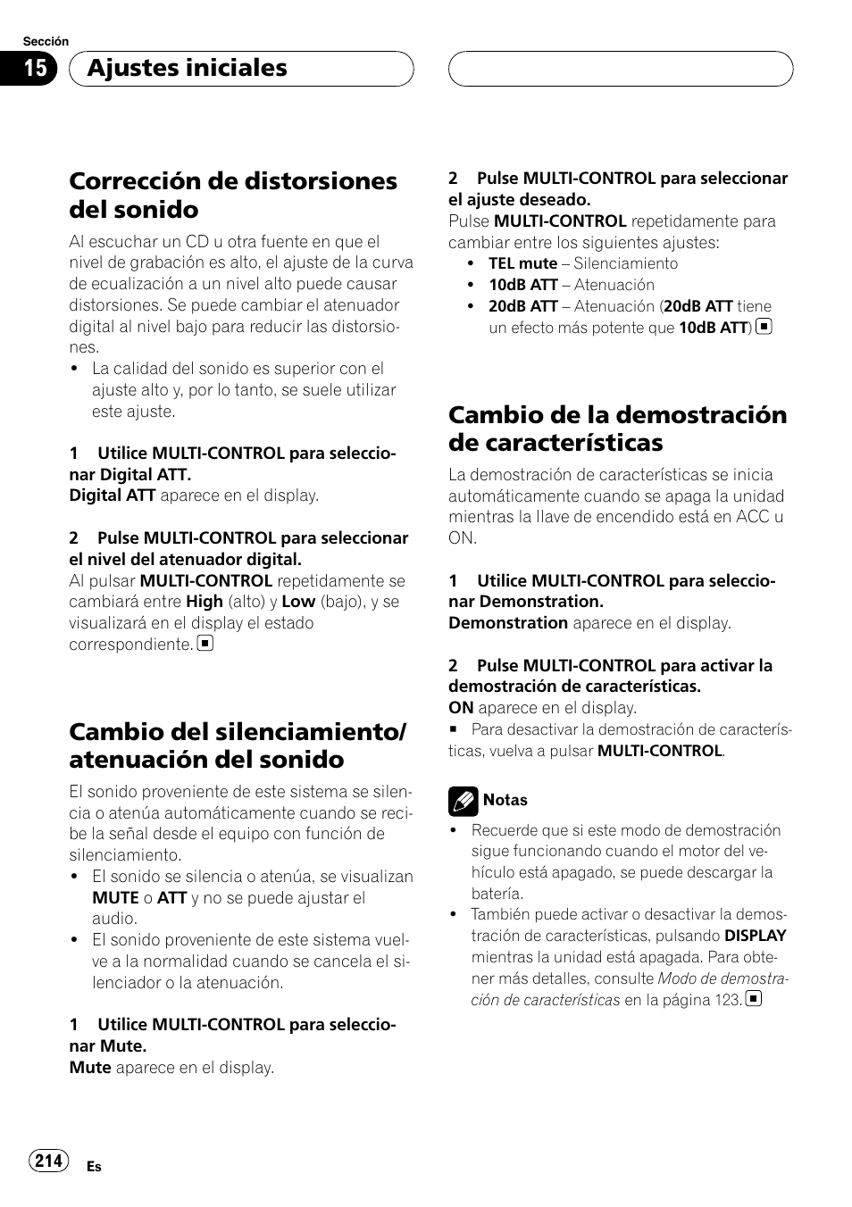 Corrección de distorsiones del sonido, Cambio del silenciamiento/atenuación del, Sonido | Cambio de la demostración de, Características, Cambio del silenciamiento/ atenuación del sonido, Cambio de la demostración de características, Ajustes iniciales | Pioneer DEH-P9800BT User Manual | Page 214 / 233