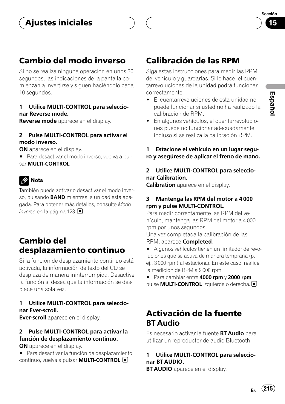 Cambio del modo inverso, Cambio del desplazamiento continuo, Calibración de las rpm | Activación de la fuente bt audio, Activación de la fuente, Bt audio en la, Ajustes iniciales | Pioneer DEH-P9800BT User Manual | Page 215 / 233