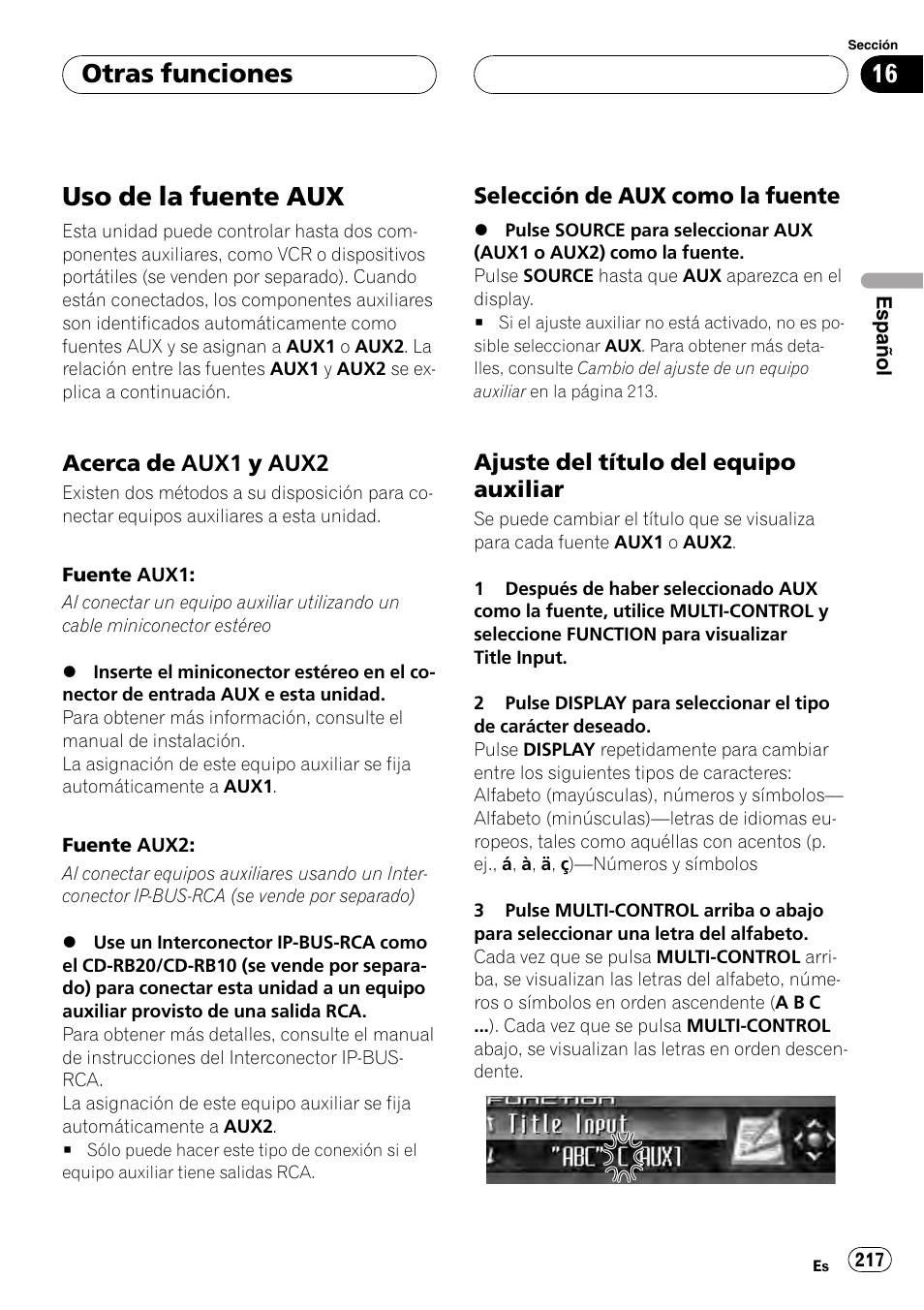 Otras funciones uso de la fuente aux, Acerca de aux1 y aux2 217, Selección de aux como la fuente 217 | Ajuste del título del equipo, Auxiliar, Uso de la fuente aux, Otras funciones, Acerca de aux1 y aux2, Selección de aux como la fuente, Ajuste del título del equipo auxiliar | Pioneer DEH-P9800BT User Manual | Page 217 / 233