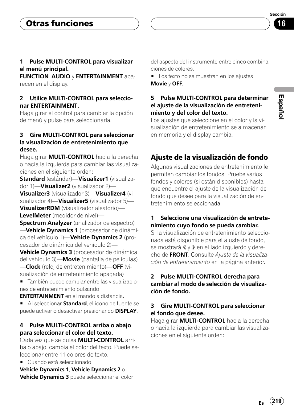 Ajuste de la visualización de, Fondo, Otras funciones | Ajuste de la visualización de fondo | Pioneer DEH-P9800BT User Manual | Page 219 / 233