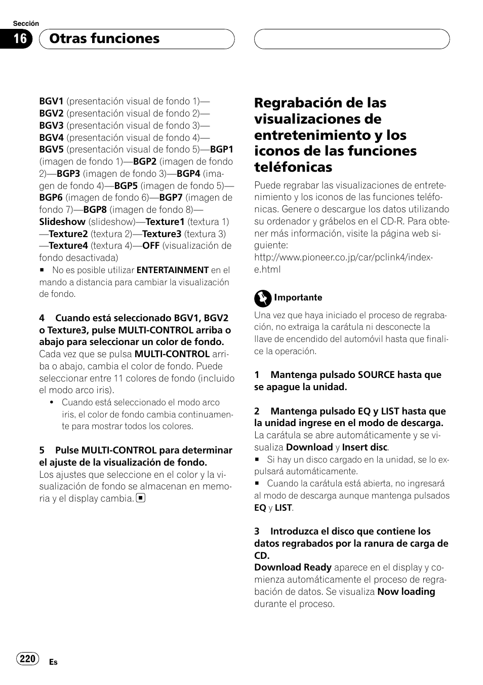 Regrabación de las visualizaciones de, Otras funciones | Pioneer DEH-P9800BT User Manual | Page 220 / 233