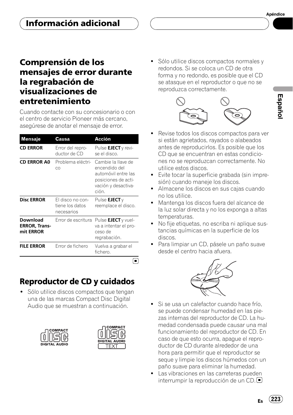Comprensión de los mensajes de error, Reproductor de cd y cuidados, Información adicional | Español | Pioneer DEH-P9800BT User Manual | Page 223 / 233