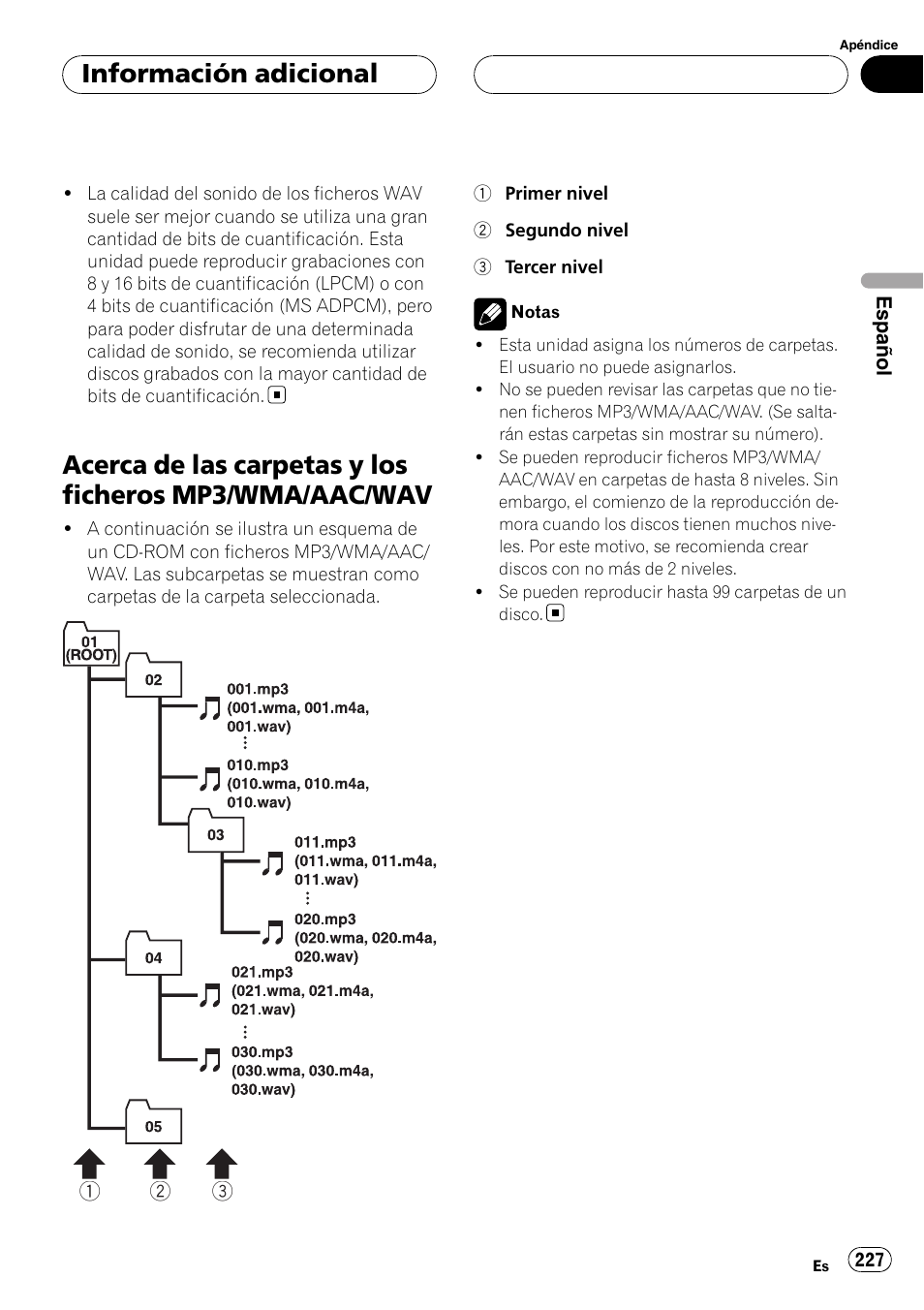 Acerca de las carpetas y los ficheros mp3, Wma/aac/wav, Información adicional | Pioneer DEH-P9800BT User Manual | Page 227 / 233