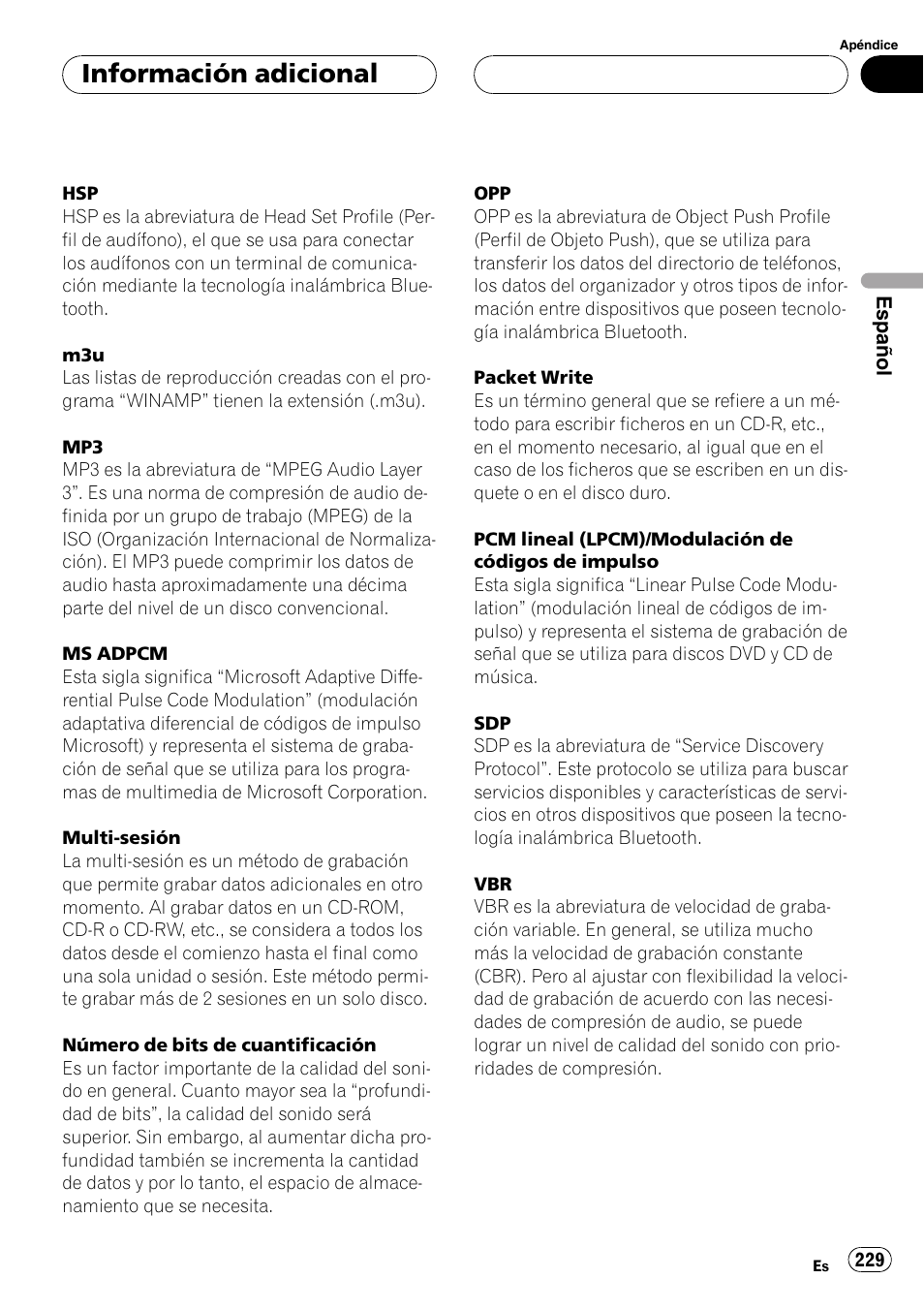 Información adicional | Pioneer DEH-P9800BT User Manual | Page 229 / 233