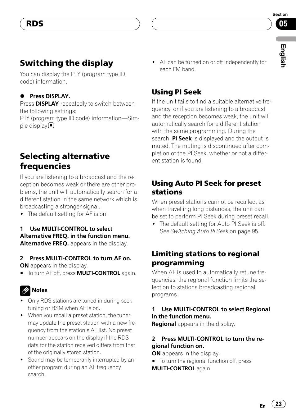 Switching the display, Selecting alternative frequencies, Using pi seek 23 | Using auto pi seek for preset, Stations, Limiting stations to regional, Programming, Using pi seek, Using auto pi seek for preset stations, Limiting stations to regional programming | Pioneer DEH-P9800BT User Manual | Page 23 / 233