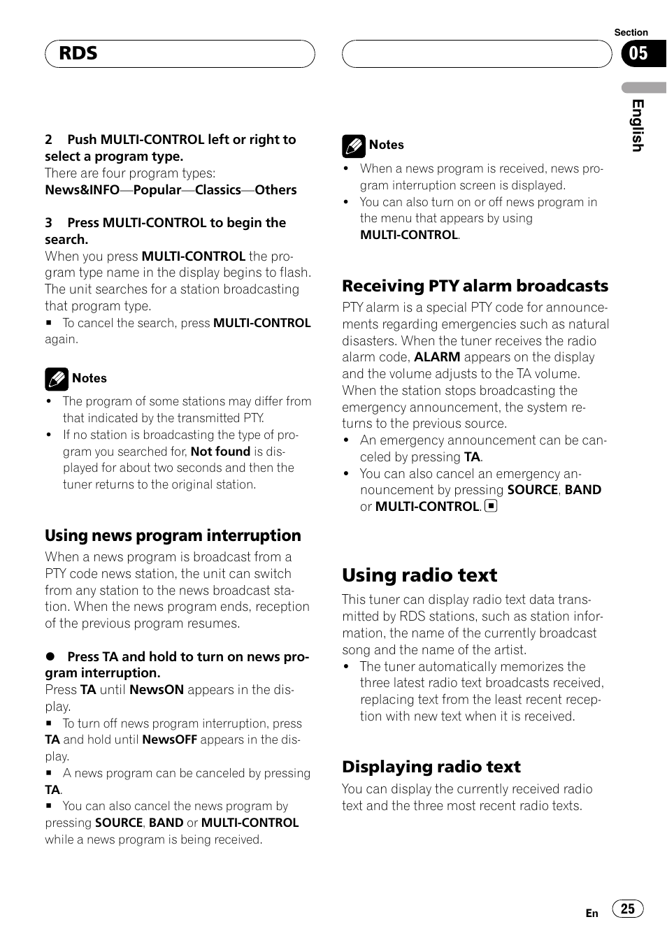 Using news program interruption 25, Receiving pty alarm broadcasts 25, Using radio text | Displaying radio text 25, Using news program interruption, Receiving pty alarm broadcasts, Displaying radio text | Pioneer DEH-P9800BT User Manual | Page 25 / 233