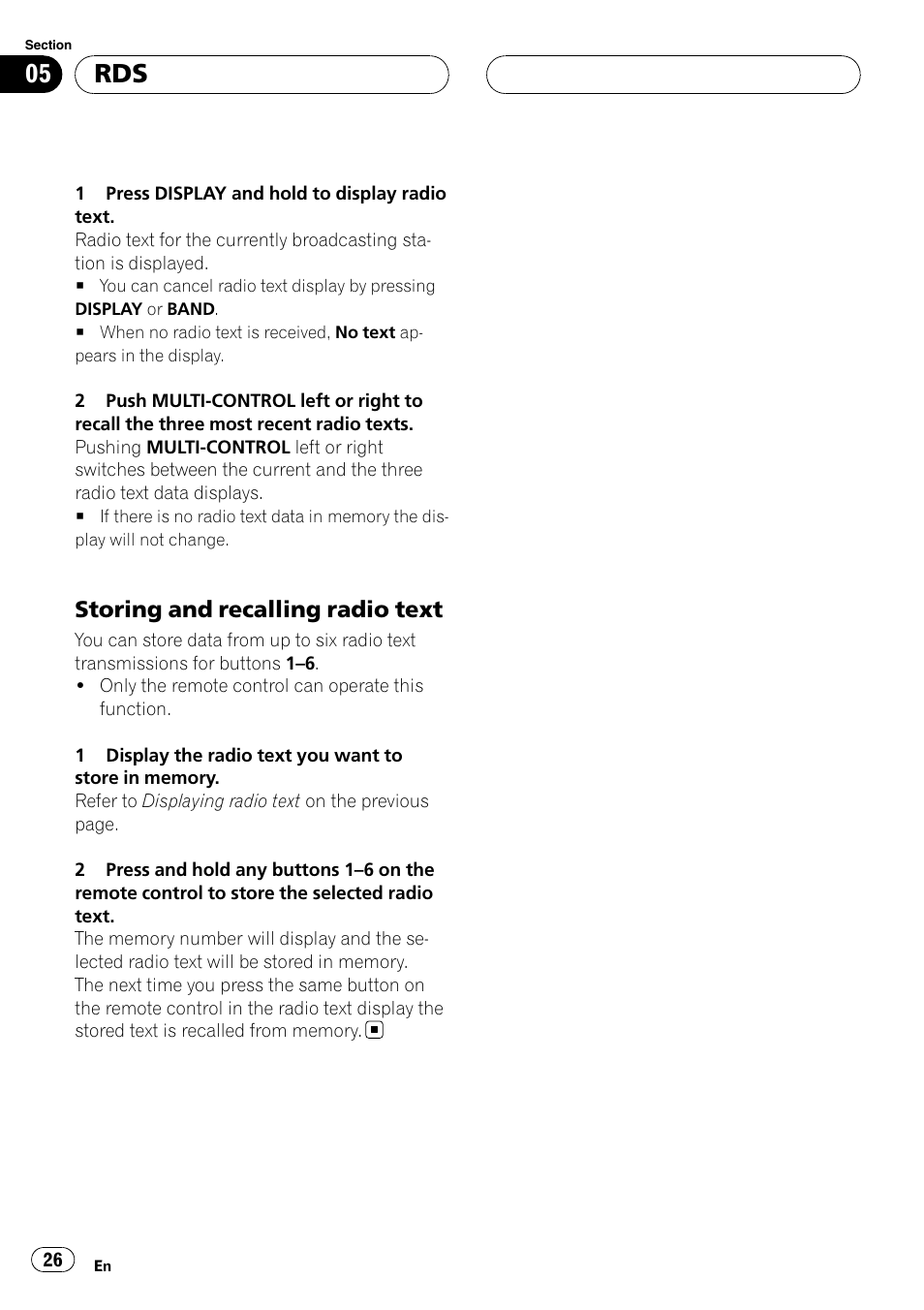 Storing and recalling radio text 26, Storing and recalling radio text | Pioneer DEH-P9800BT User Manual | Page 26 / 233
