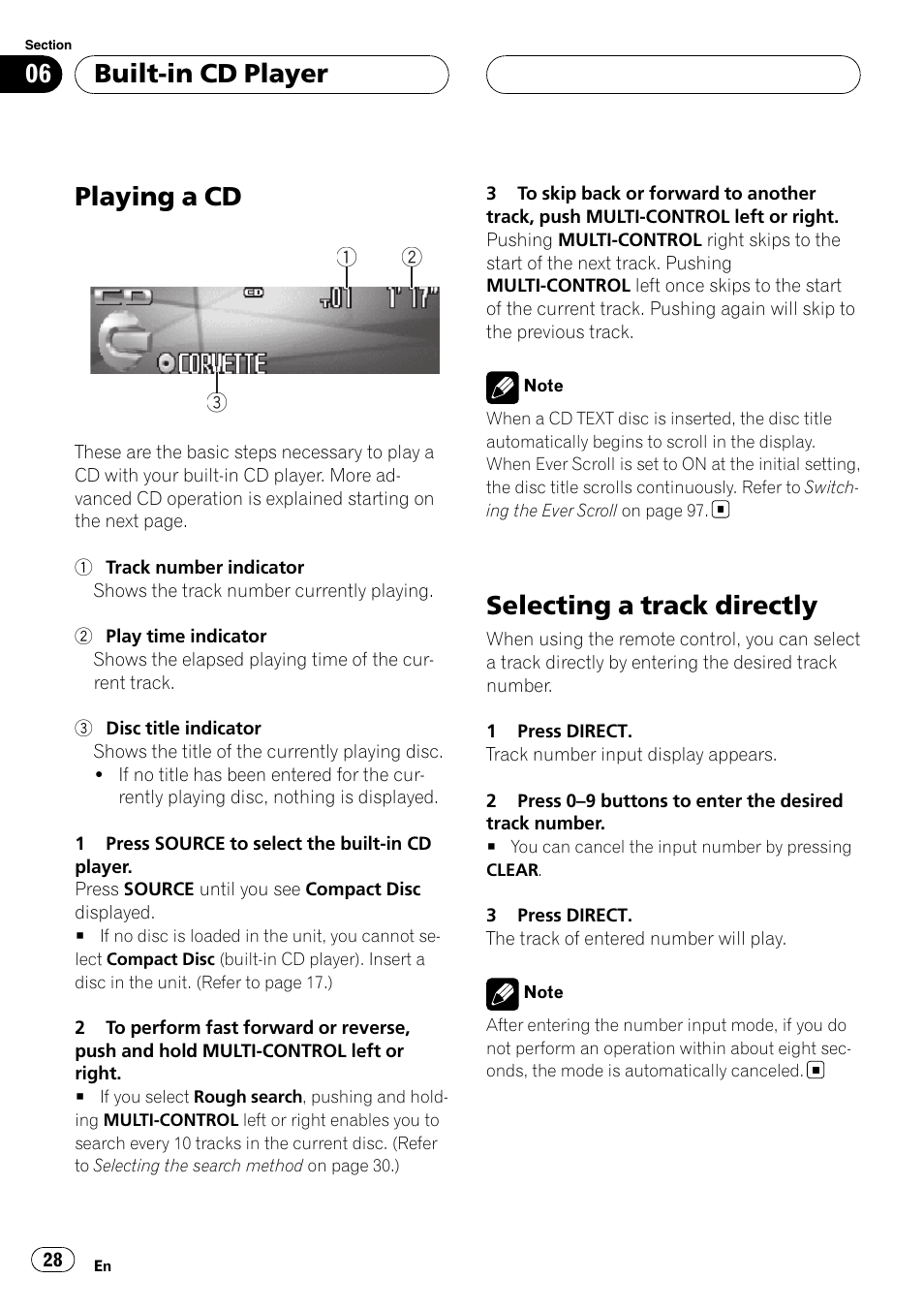 Built-in cd player playing a cd, Selecting a track directly, Playing a cd | Built-in cd player | Pioneer DEH-P9800BT User Manual | Page 28 / 233