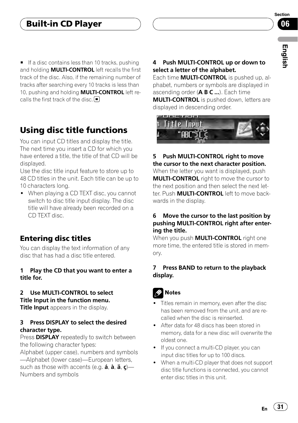 Using disc title functions, Entering disc titles 31, Built-in cd player | Entering disc titles | Pioneer DEH-P9800BT User Manual | Page 31 / 233