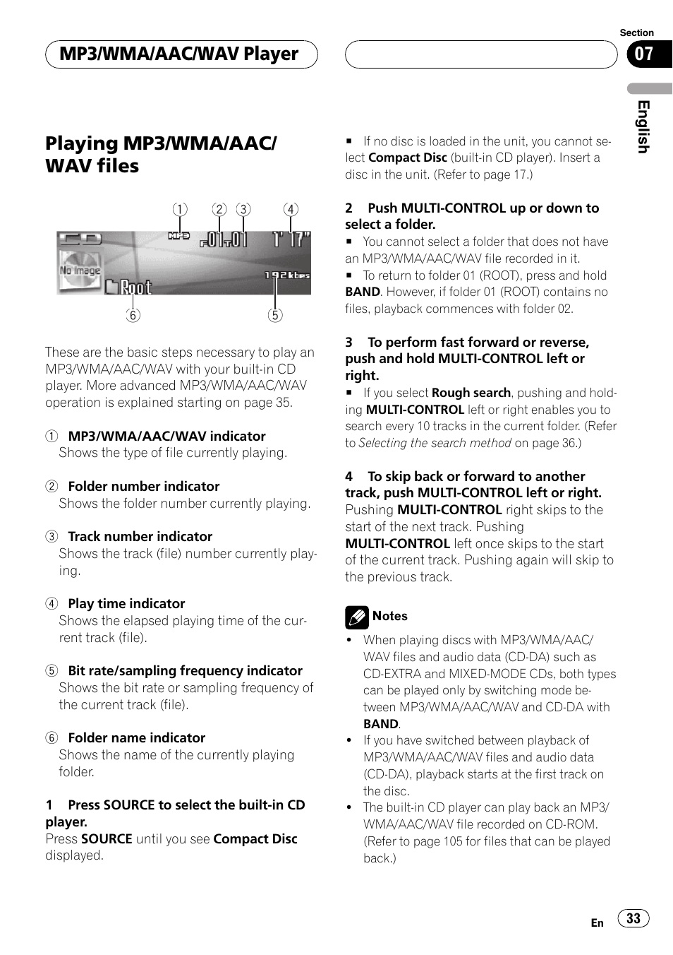 Playing mp3/wma/aac/ wav files, Mp3/wma/aac/wav player | Pioneer DEH-P9800BT User Manual | Page 33 / 233