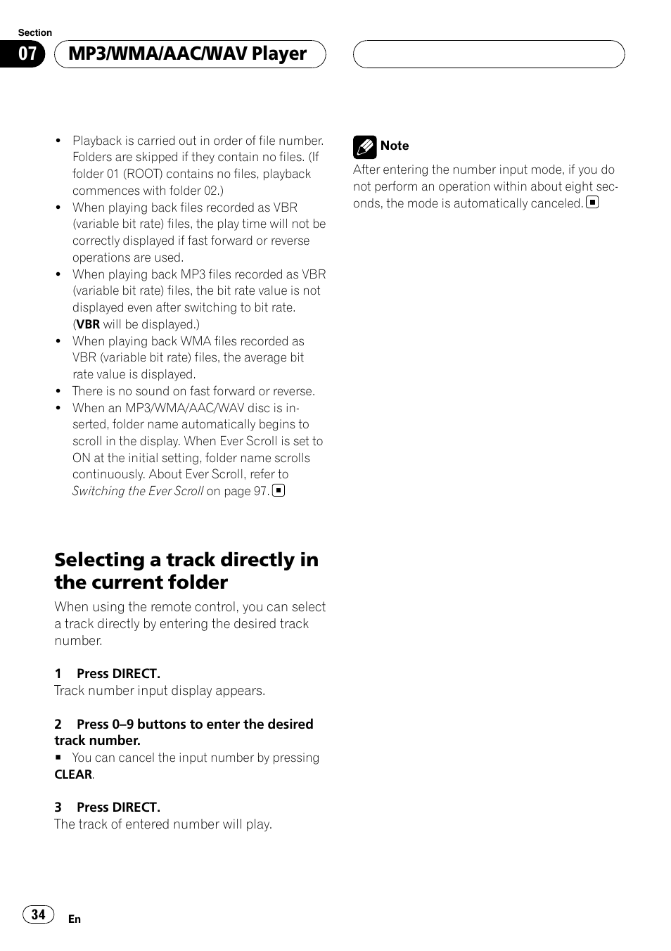 Selecting a track directly in the current, Folder, Selecting a track directly in the current folder | Mp3/wma/aac/wav player | Pioneer DEH-P9800BT User Manual | Page 34 / 233
