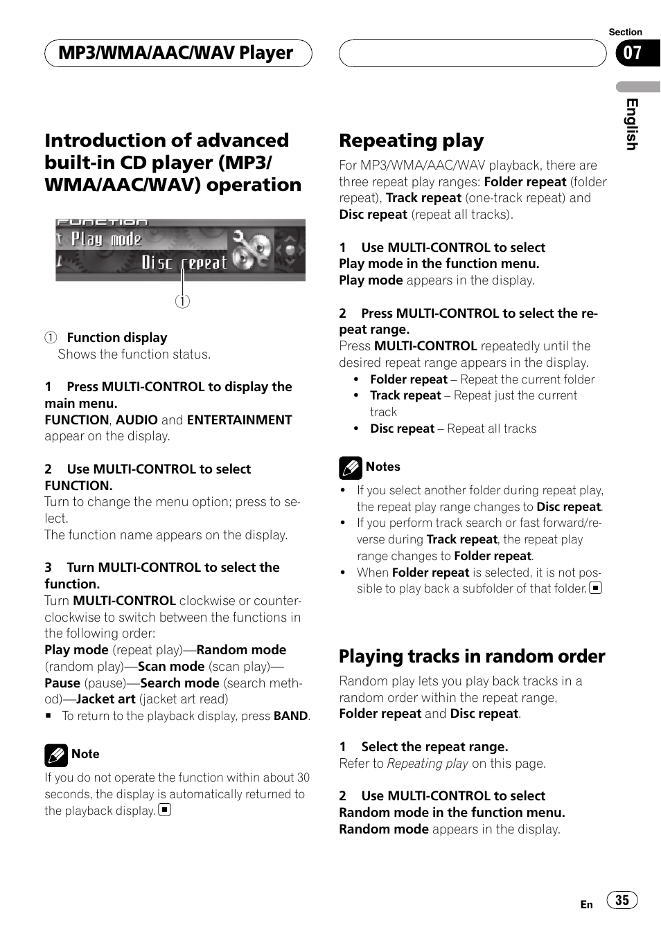 Introduction of advanced built-in cd player, Mp3/wma/aac/wav) operation, Repeating play | Playing tracks in random order, Mp3/wma/aac/wav player | Pioneer DEH-P9800BT User Manual | Page 35 / 233