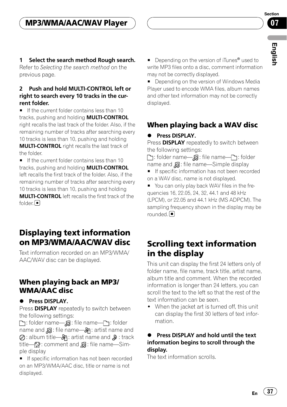 Displaying text information on mp3/wma, Aac/wav disc, When playing back an mp3/wma/aac | Disc, When playing back a wav disc 37, Scrolling text information in the display, Mp3/wma/aac/wav player, When playing back an mp3/ wma/aac disc, When playing back a wav disc | Pioneer DEH-P9800BT User Manual | Page 37 / 233