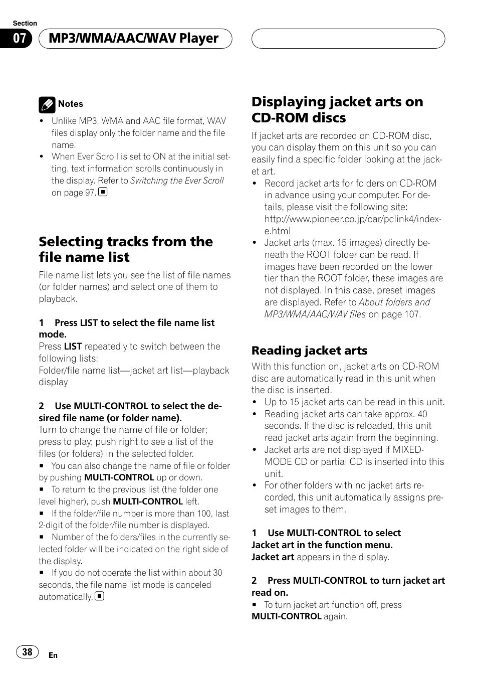 Selecting tracks from the file name list, Displaying jacket arts on cd-rom discs, Reading jacket arts 38 | Mp3/wma/aac/wav player, Reading jacket arts | Pioneer DEH-P9800BT User Manual | Page 38 / 233