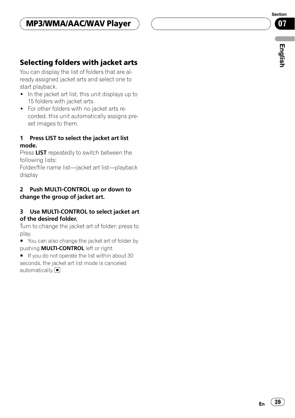 Selecting folders with jacket arts 39, Mp3/wma/aac/wav player, Selecting folders with jacket arts | Pioneer DEH-P9800BT User Manual | Page 39 / 233