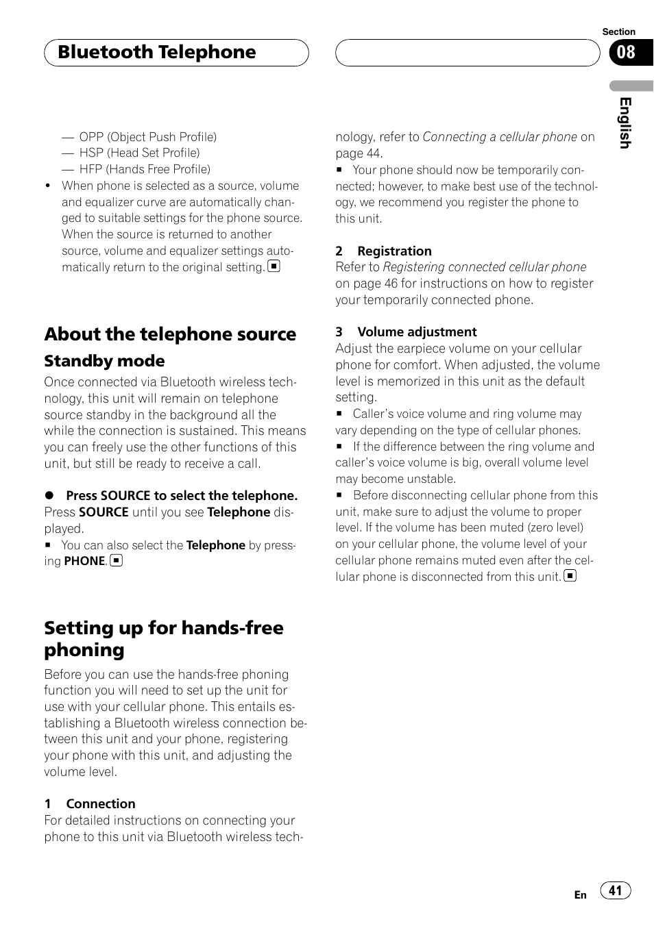 About the telephone source, Standby mode 41, Setting up for hands-free phoning | Bluetooth telephone | Pioneer DEH-P9800BT User Manual | Page 41 / 233