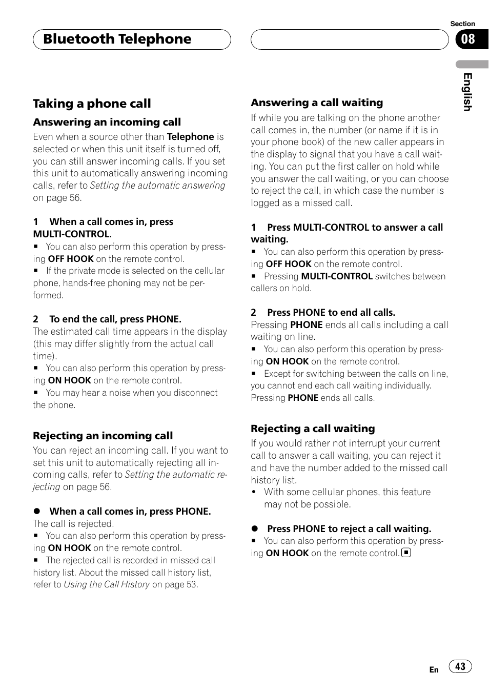Taking a phone call 43, Bluetooth telephone, Taking a phone call | Pioneer DEH-P9800BT User Manual | Page 43 / 233