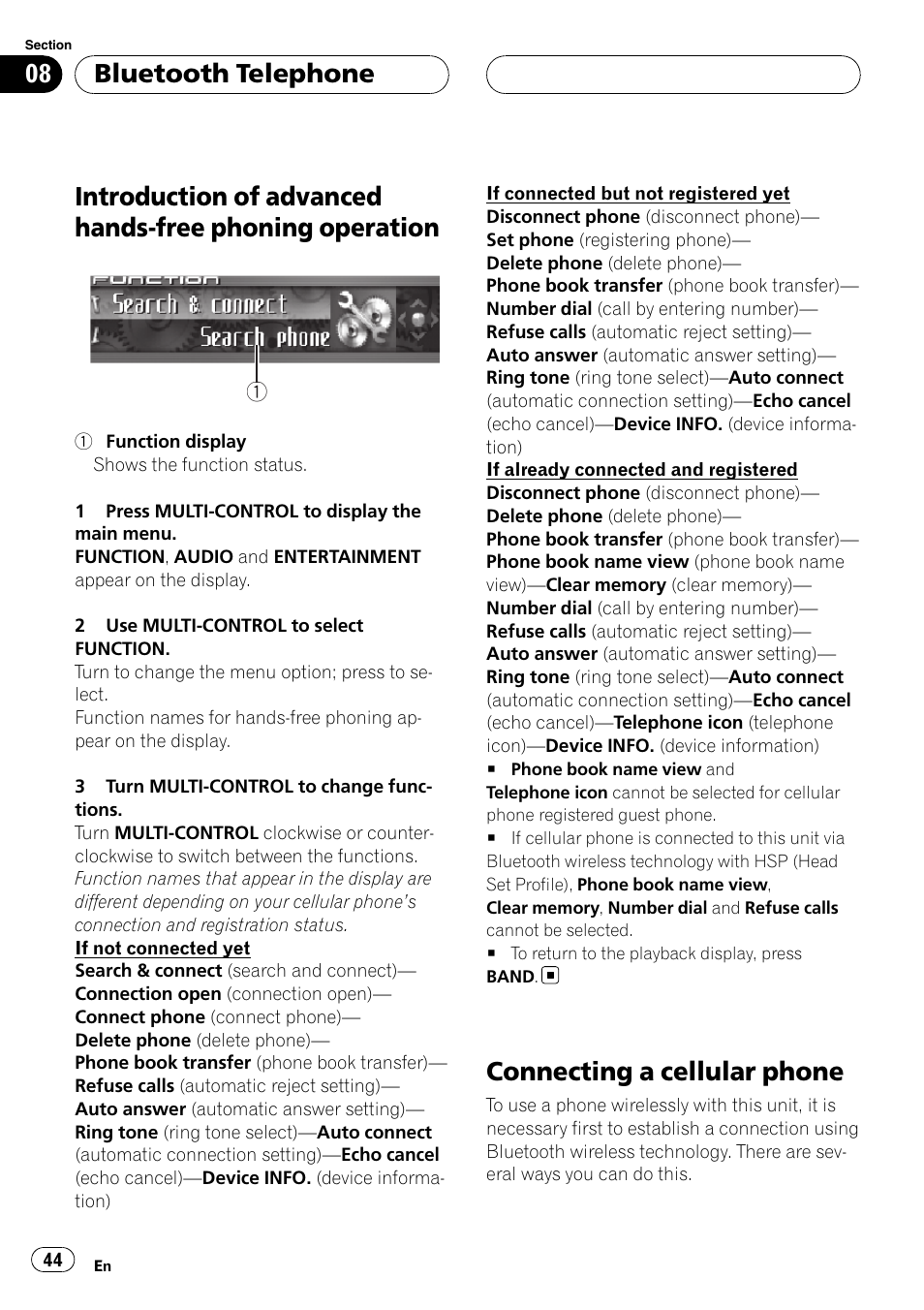 Introduction of advanced hands-free phoning, Operation, Connecting a cellular phone | Bluetooth telephone | Pioneer DEH-P9800BT User Manual | Page 44 / 233