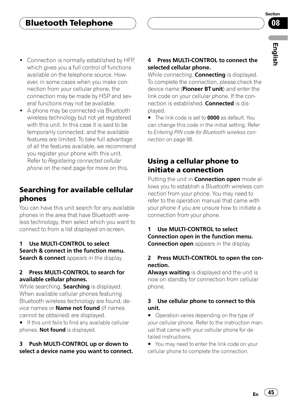Searching for available cellular, Phones, Using a cellular phone to initiate a | Connection, Bluetooth telephone, Searching for available cellular phones, Using a cellular phone to initiate a connection | Pioneer DEH-P9800BT User Manual | Page 45 / 233