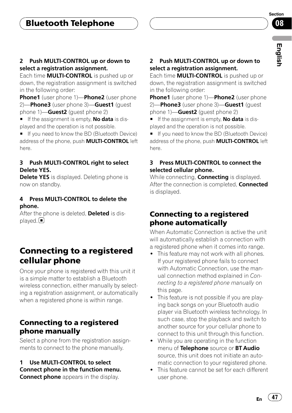 Connecting to a registered cellular, Phone, Connecting to a registered phone | Manually, Automatically, Connecting to a registered cellular phone, Bluetooth telephone, Connecting to a registered phone manually, Connecting to a registered phone automatically | Pioneer DEH-P9800BT User Manual | Page 47 / 233