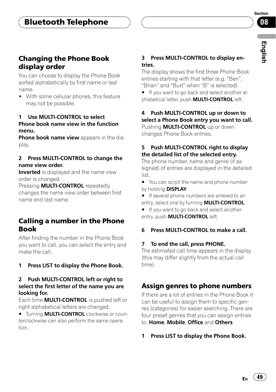 Changing the phone book display, Order, Calling a number in the phone | Book, Assign genres to phone numbers 49, Bluetooth telephone, Changing the phone book display order, Calling a number in the phone book, Assign genres to phone numbers | Pioneer DEH-P9800BT User Manual | Page 49 / 233