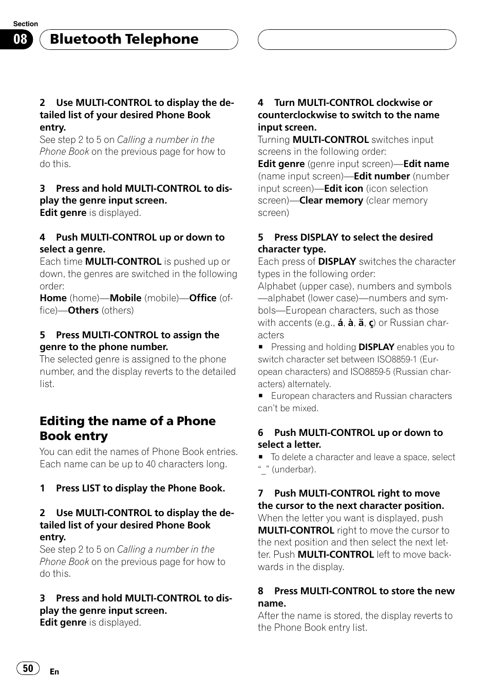 Editing the name of a phone book, Entry, Bluetooth telephone | Editing the name of a phone book entry | Pioneer DEH-P9800BT User Manual | Page 50 / 233