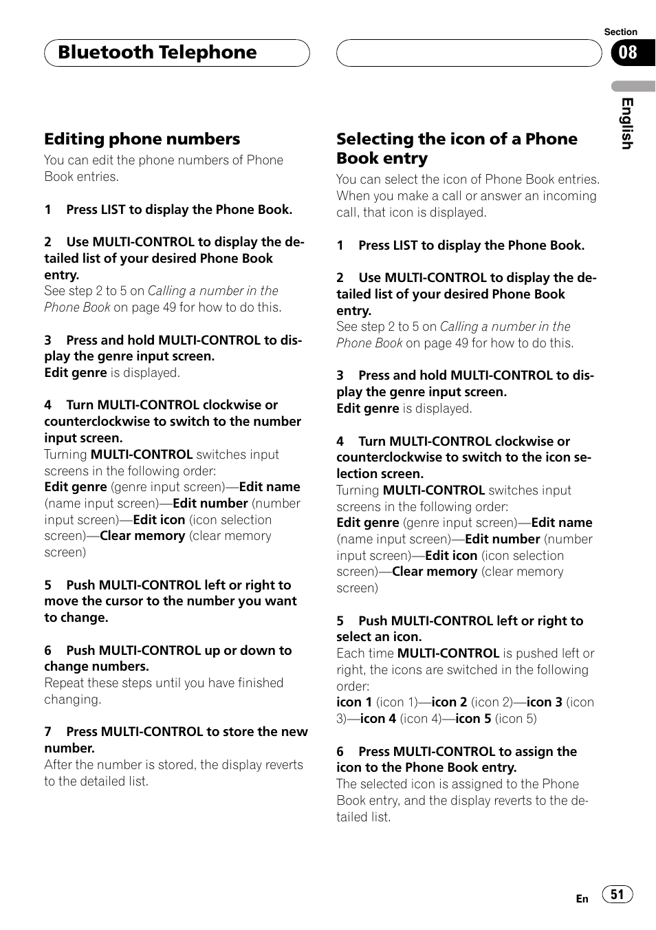 Editing phone numbers 51, Selecting the icon of a phone book, Entry | Bluetooth telephone, Editing phone numbers, Selecting the icon of a phone book entry | Pioneer DEH-P9800BT User Manual | Page 51 / 233