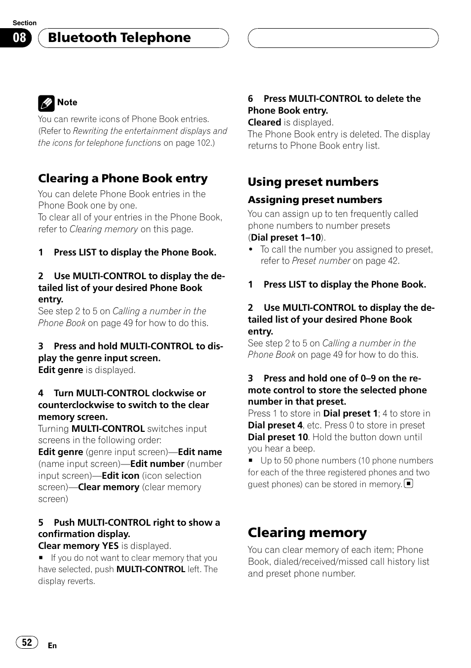 Clearing a phone book entry 52, Using preset numbers 52, Clearing memory | Bluetooth telephone, Clearing a phone book entry, Using preset numbers | Pioneer DEH-P9800BT User Manual | Page 52 / 233