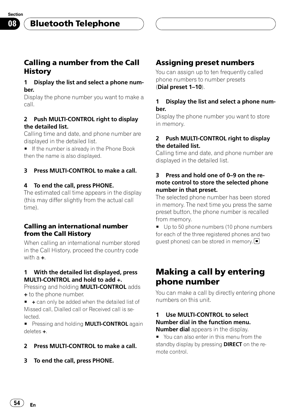 Calling a number from the call, History, Assigning preset numbers 54 | Making a call by entering phone number, Bluetooth telephone, Calling a number from the call history, Assigning preset numbers | Pioneer DEH-P9800BT User Manual | Page 54 / 233