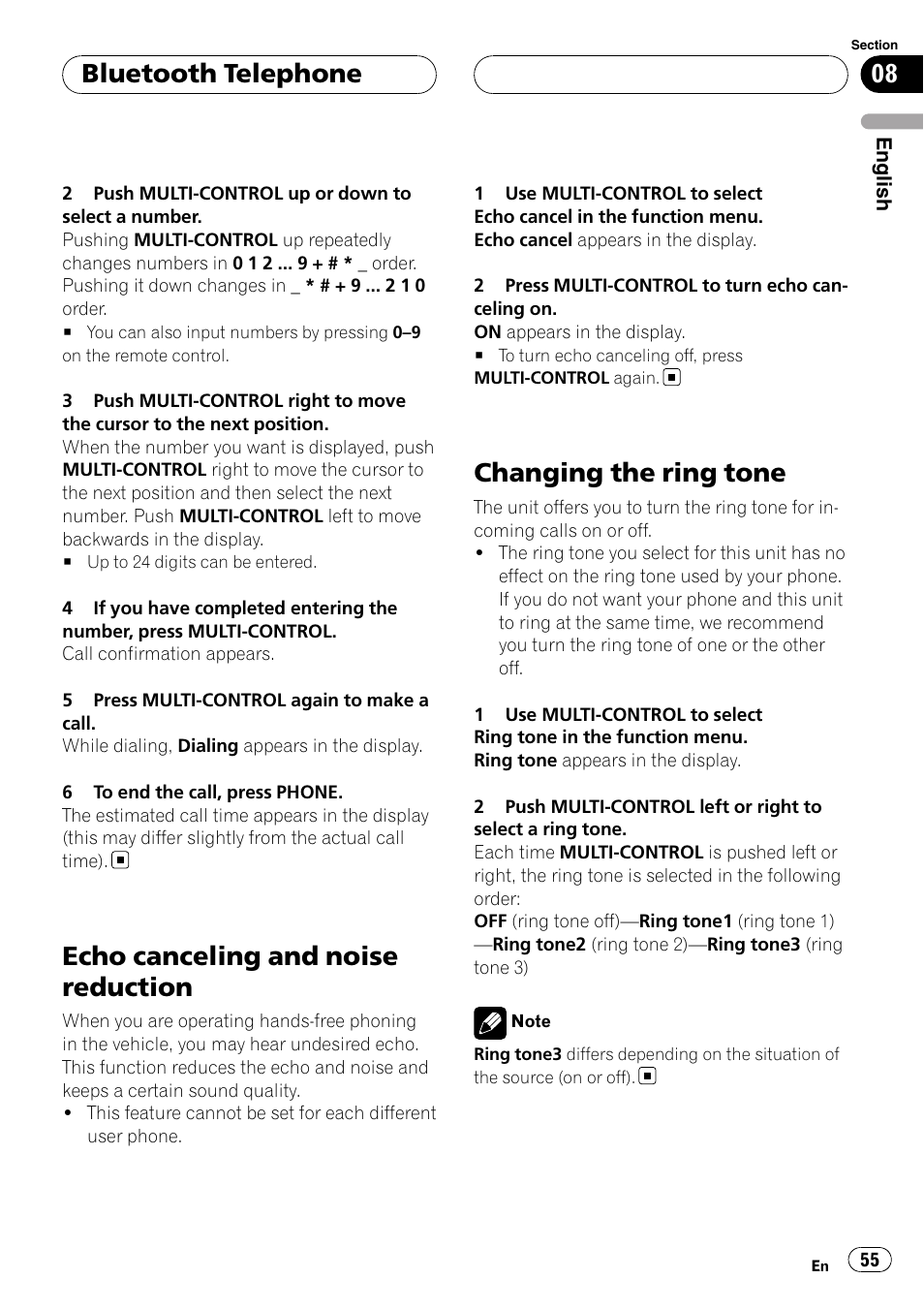 Echo canceling and noise reduction, Changing the ring tone, Bluetooth telephone | Pioneer DEH-P9800BT User Manual | Page 55 / 233