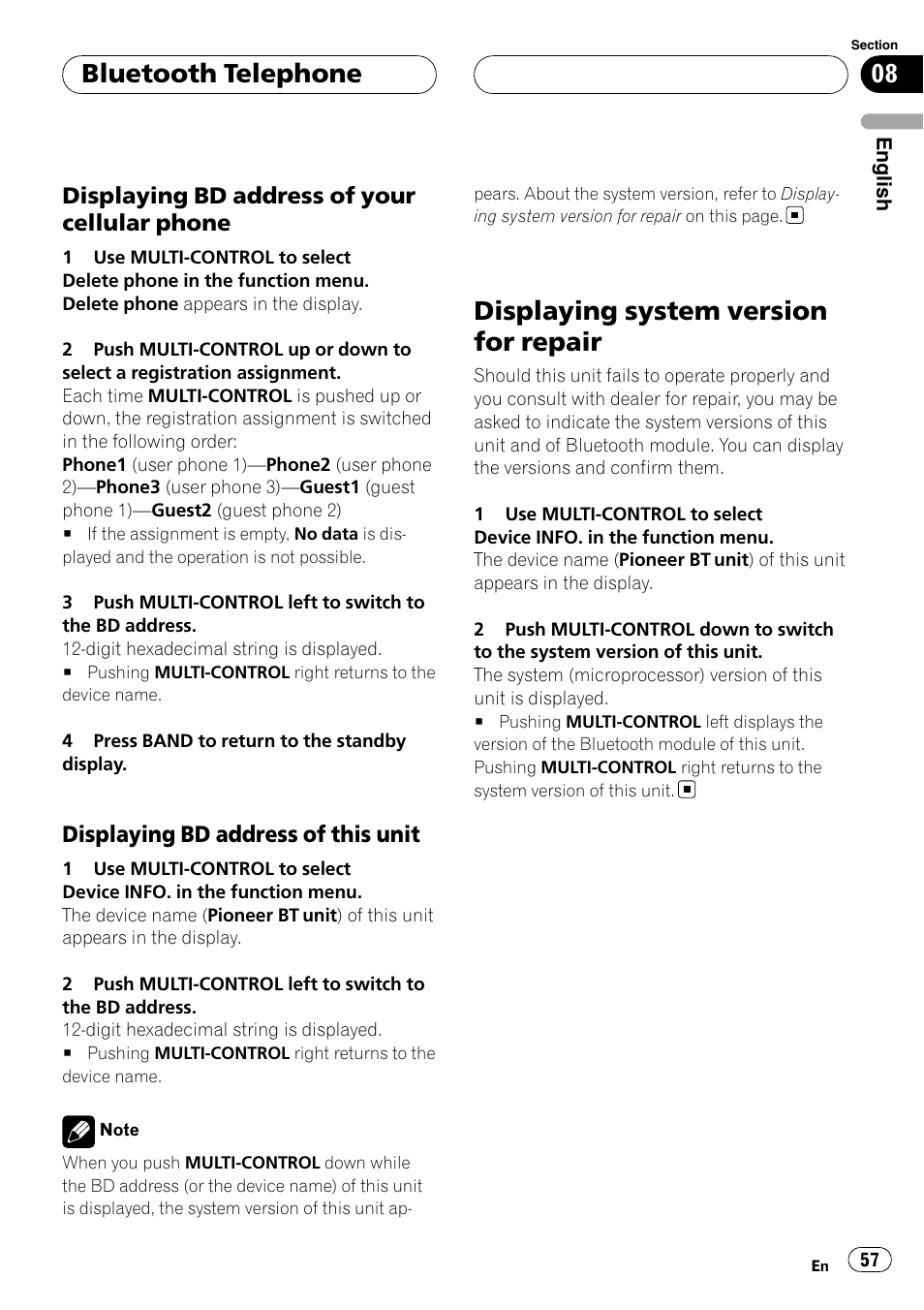 Displaying bd address of your cellular, Phone, Displaying bd address of this unit 57 | Displaying system version for repair, Bluetooth telephone, Displaying bd address of your cellular phone, Displaying bd address of this unit | Pioneer DEH-P9800BT User Manual | Page 57 / 233