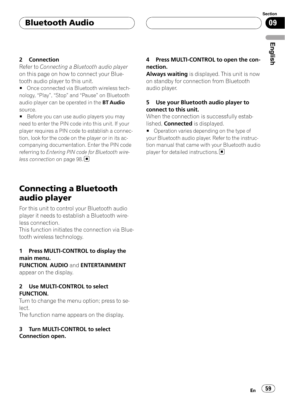 Connecting a bluetooth audio player, Bluetooth audio | Pioneer DEH-P9800BT User Manual | Page 59 / 233