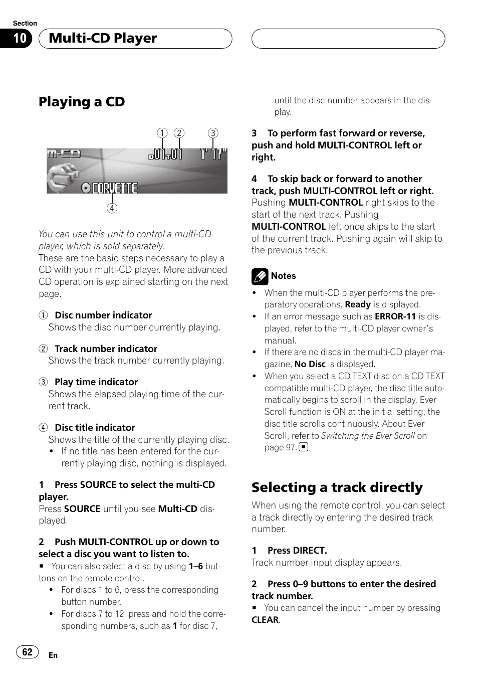 Multi-cd player playing a cd, Selecting a track directly, Playing a cd | Multi-cd player | Pioneer DEH-P9800BT User Manual | Page 62 / 233