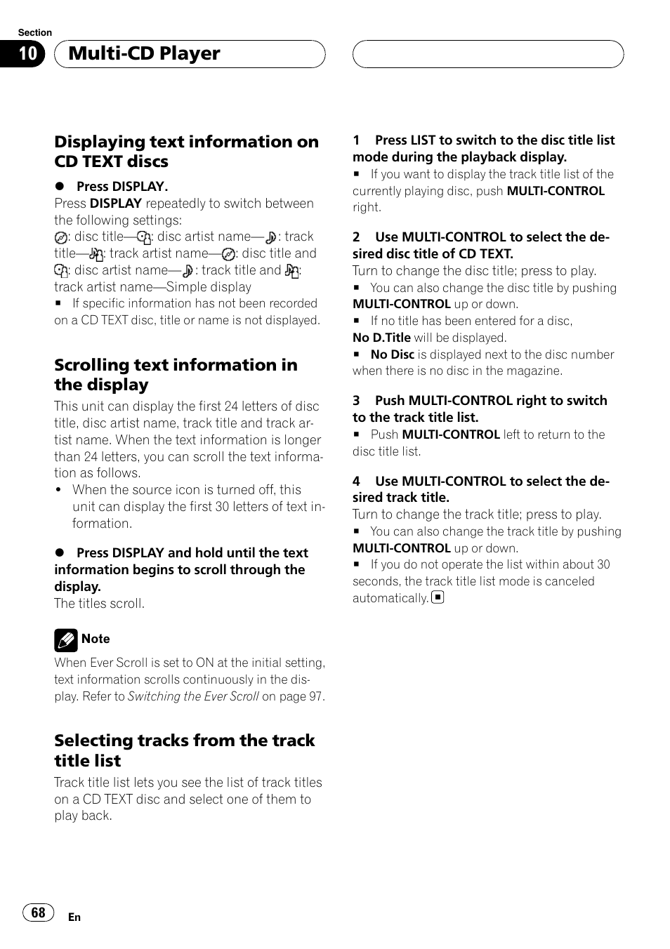 Displaying text information on cd text, Discs, Scrolling text information in the | Display, Selecting tracks from the track title, List, Multi-cd player, Displaying text information on cd text discs, Scrolling text information in the display, Selecting tracks from the track title list | Pioneer DEH-P9800BT User Manual | Page 68 / 233