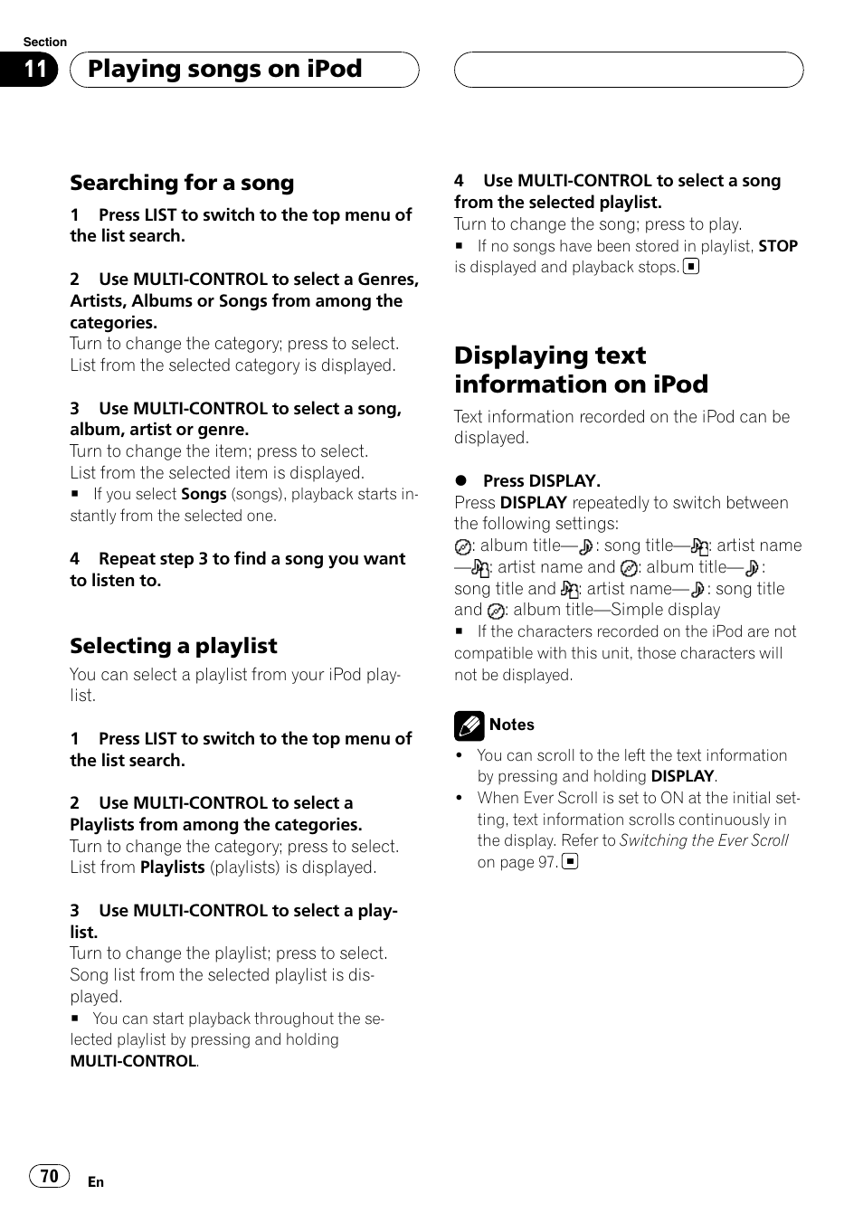 Searching for a song 70, Selecting a playlist 70, Displaying text information on ipod | Playing songs on ipod, Searching for a song, Selecting a playlist | Pioneer DEH-P9800BT User Manual | Page 70 / 233