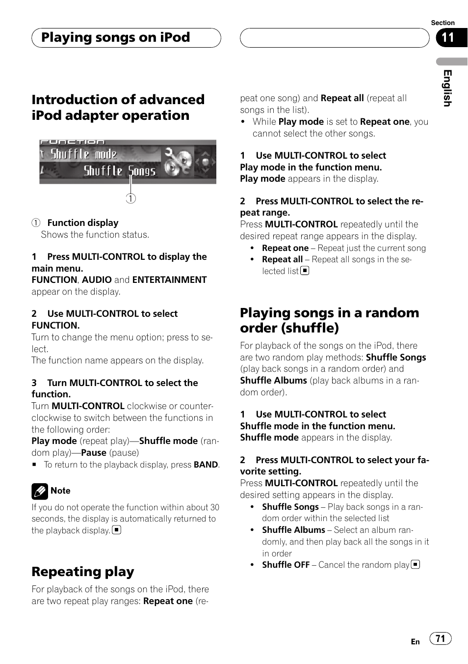 Introduction of advanced ipod adapter, Operation, Repeating play | Playing songs in a random order, Shuffle), Introduction of advanced ipod adapter operation, Playing songs in a random order (shuffle), Playing songs on ipod | Pioneer DEH-P9800BT User Manual | Page 71 / 233