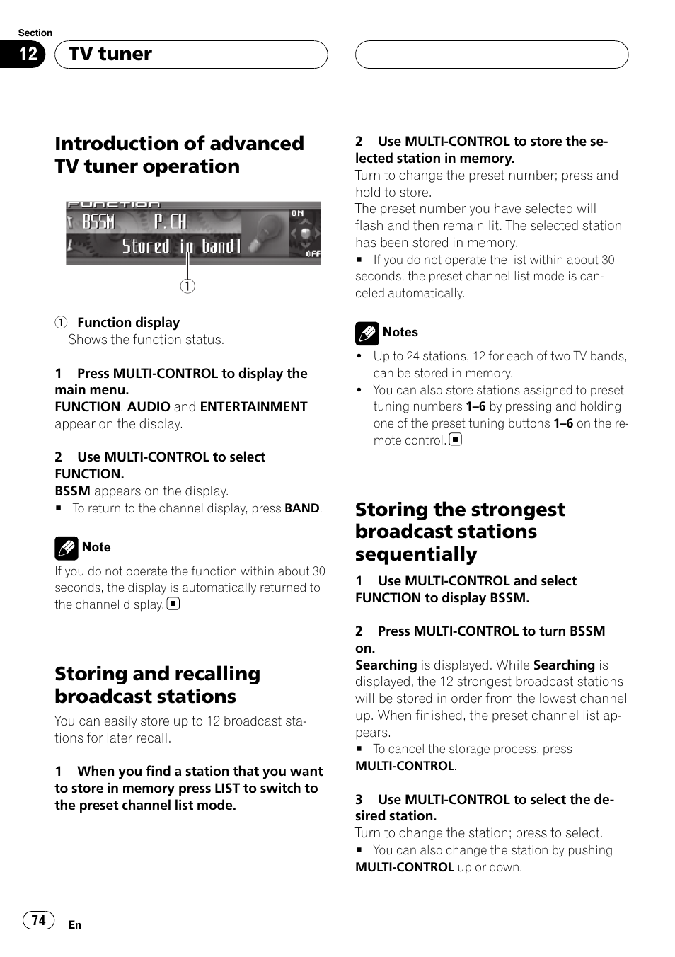 Introduction of advanced tv tuner, Operation, Storing and recalling broadcast stations | Storing the strongest broadcast stations, Sequentially, Introduction of advanced tv tuner operation, Tv tuner | Pioneer DEH-P9800BT User Manual | Page 74 / 233