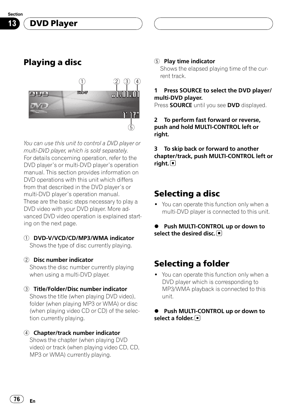 Dvd player playing a disc, Selecting a disc, Selecting a folder | Playing a disc, Dvd player | Pioneer DEH-P9800BT User Manual | Page 76 / 233