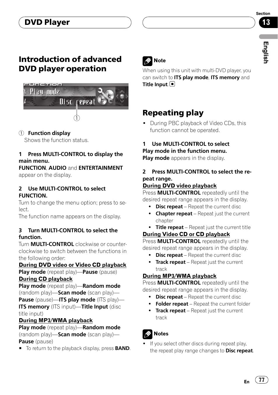 Introduction of advanced dvd player, Operation, Repeating play | Introduction of advanced dvd player operation, Dvd player | Pioneer DEH-P9800BT User Manual | Page 77 / 233