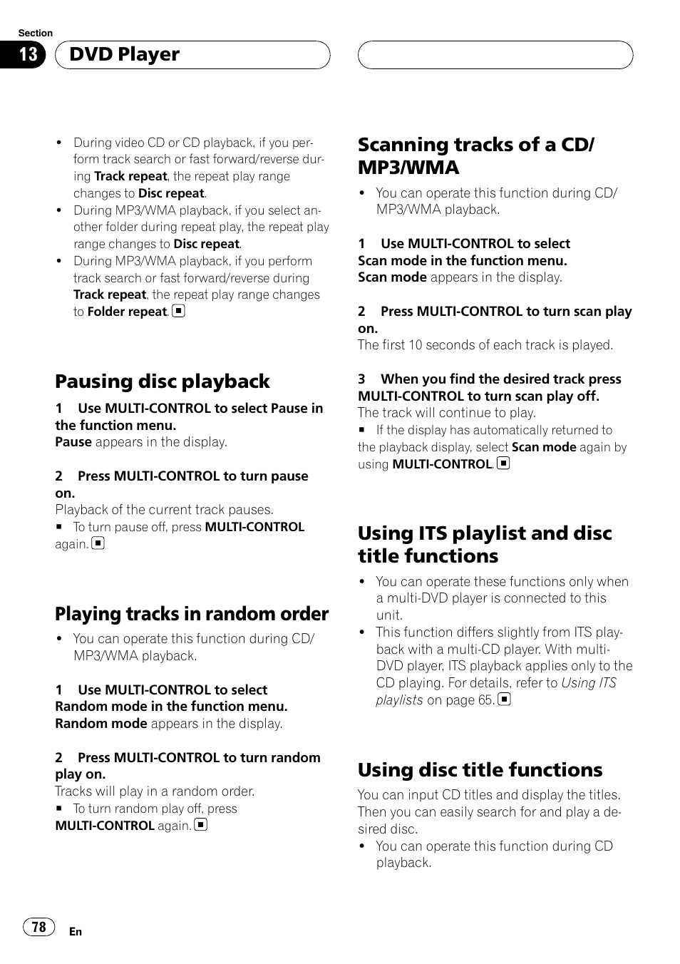 Pausing disc playback, Playing tracks in random order, Scanning tracks of a cd/mp3/wma | Using its playlist and disc title functions, Using disc title functions, Scanning tracks of a cd/ mp3/wma, Dvd player | Pioneer DEH-P9800BT User Manual | Page 78 / 233