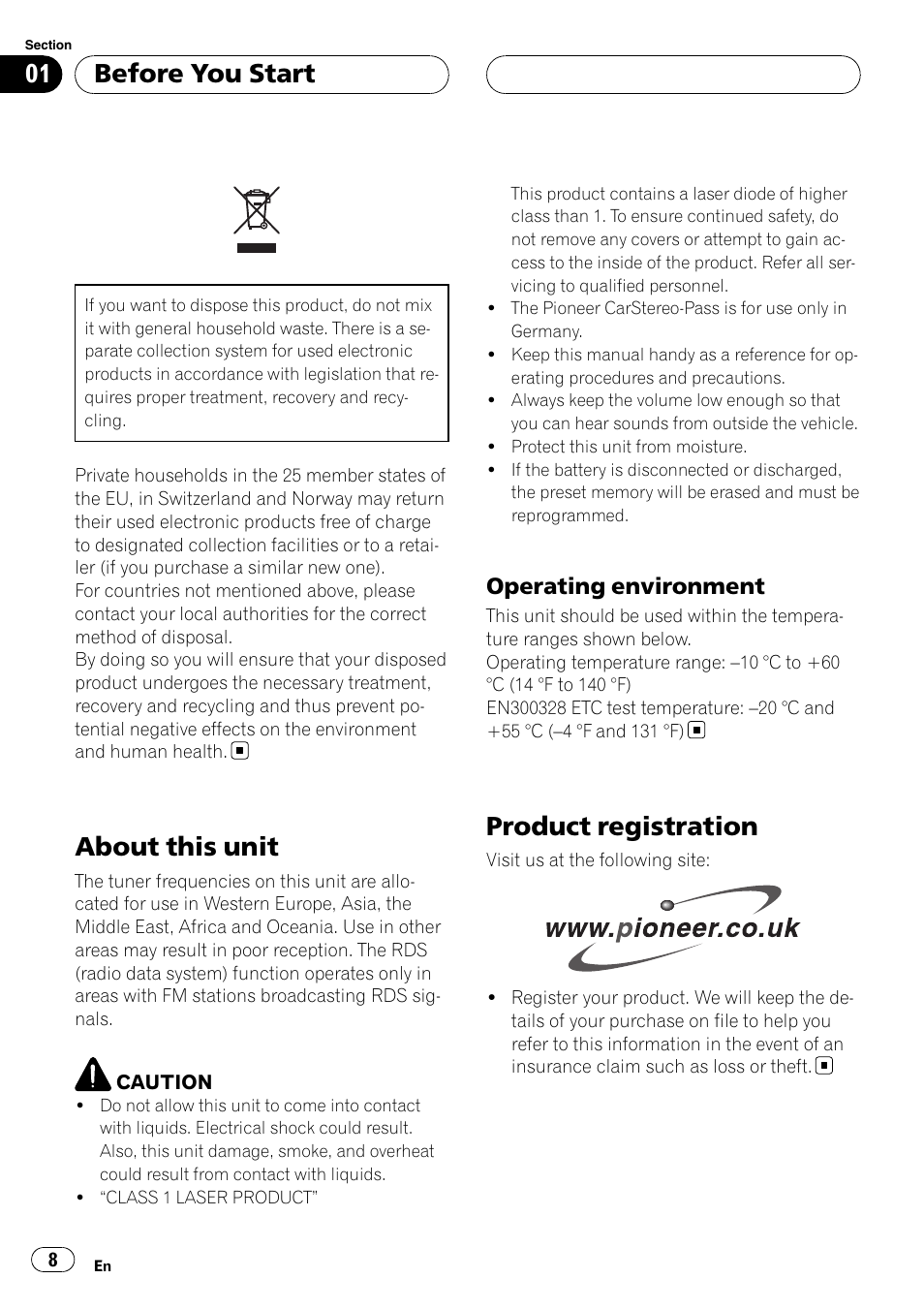 Before you start, About this unit, Operating environment 8 | Product registration, Operating environment | Pioneer DEH-P9800BT User Manual | Page 8 / 233