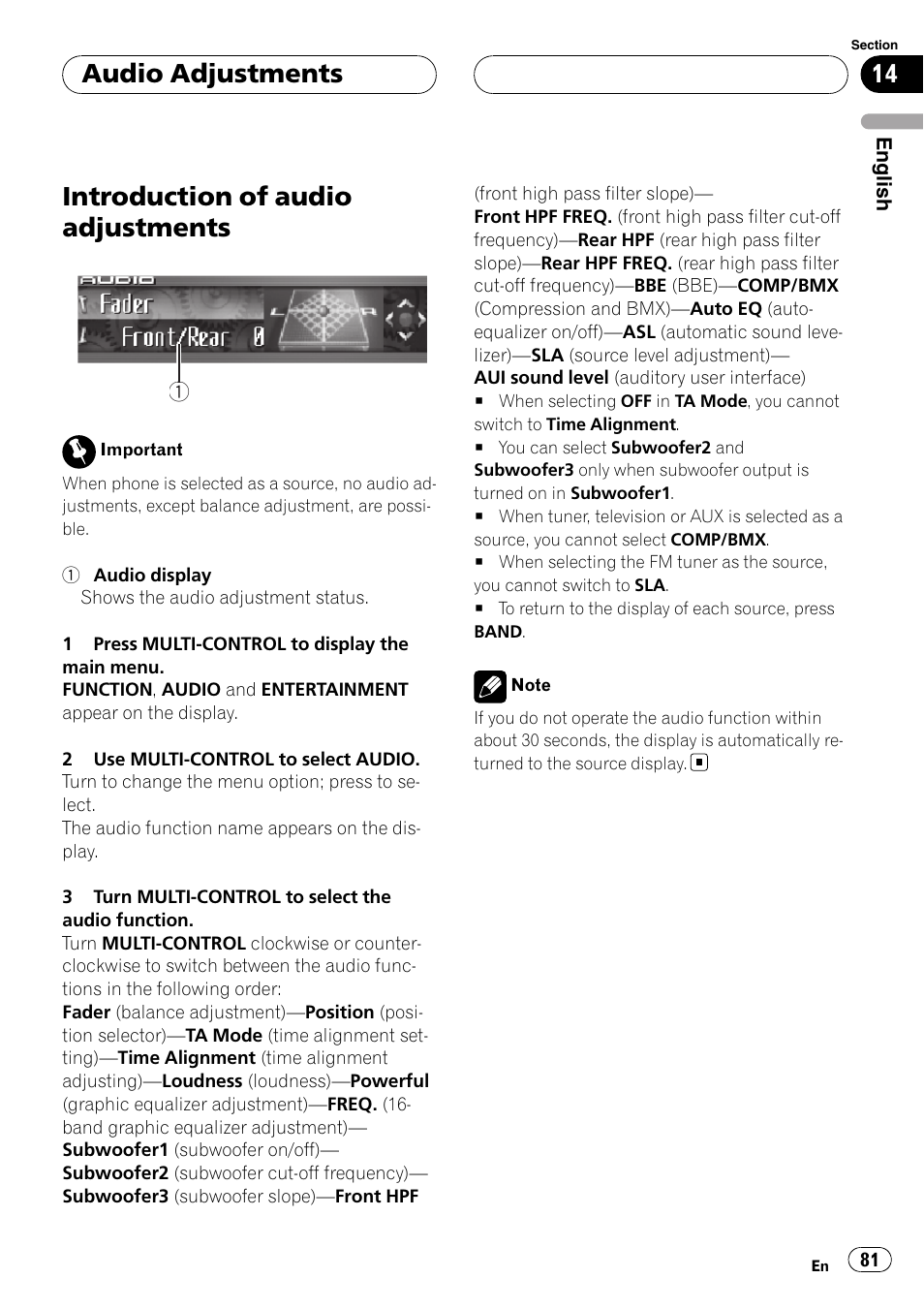 Introduction of audio adjustments, Audio adjustments | Pioneer DEH-P9800BT User Manual | Page 81 / 233