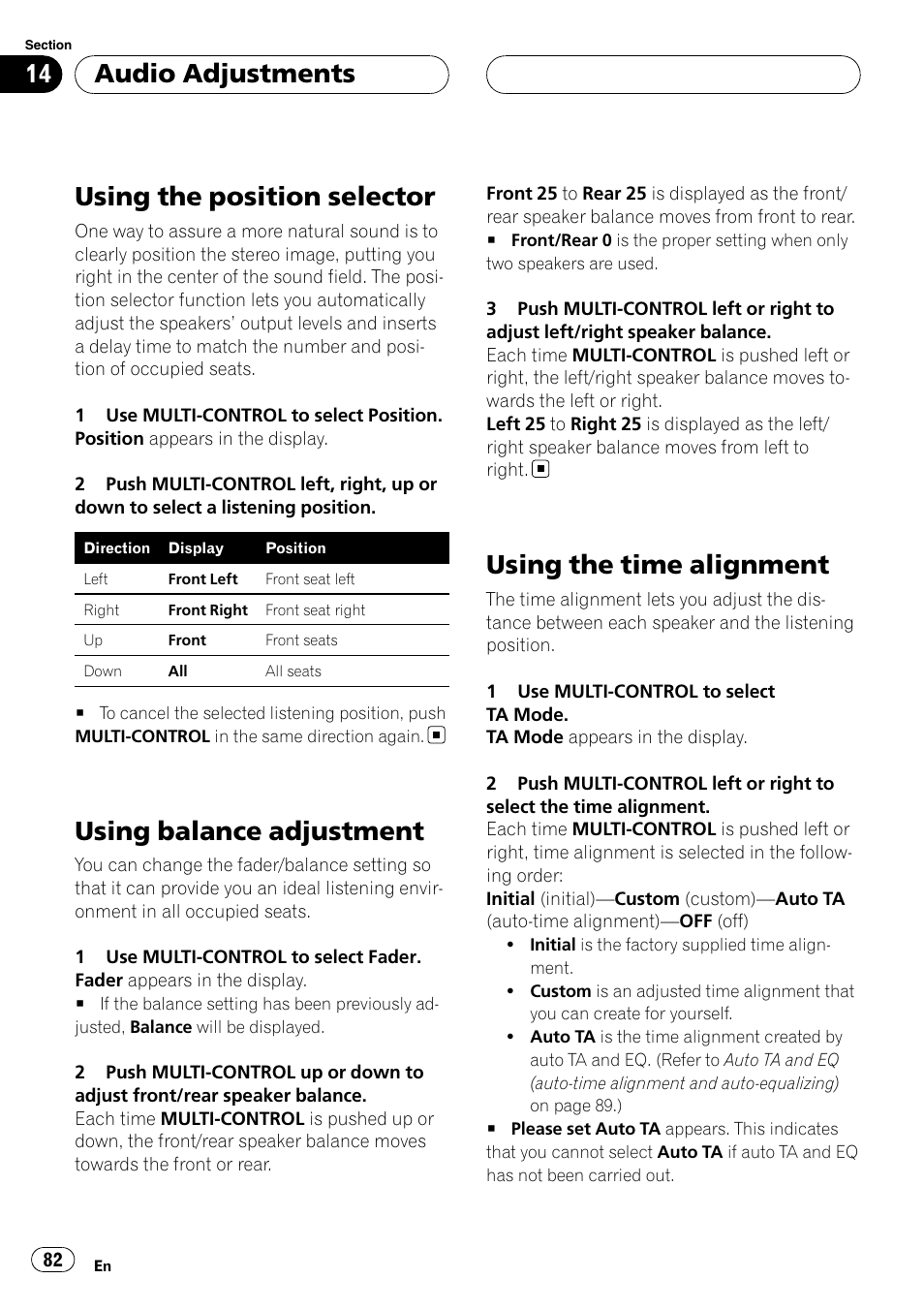 Using the position selector, Using balance adjustment, Using the time alignment | Audio adjustments | Pioneer DEH-P9800BT User Manual | Page 82 / 233