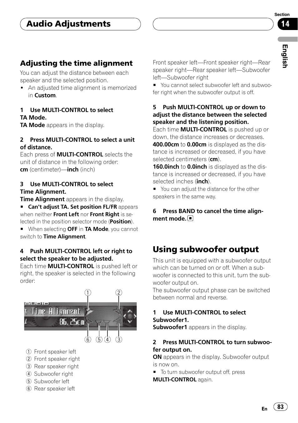Adjusting the time alignment 83, Using subwoofer output, Audio adjustments | Pioneer DEH-P9800BT User Manual | Page 83 / 233
