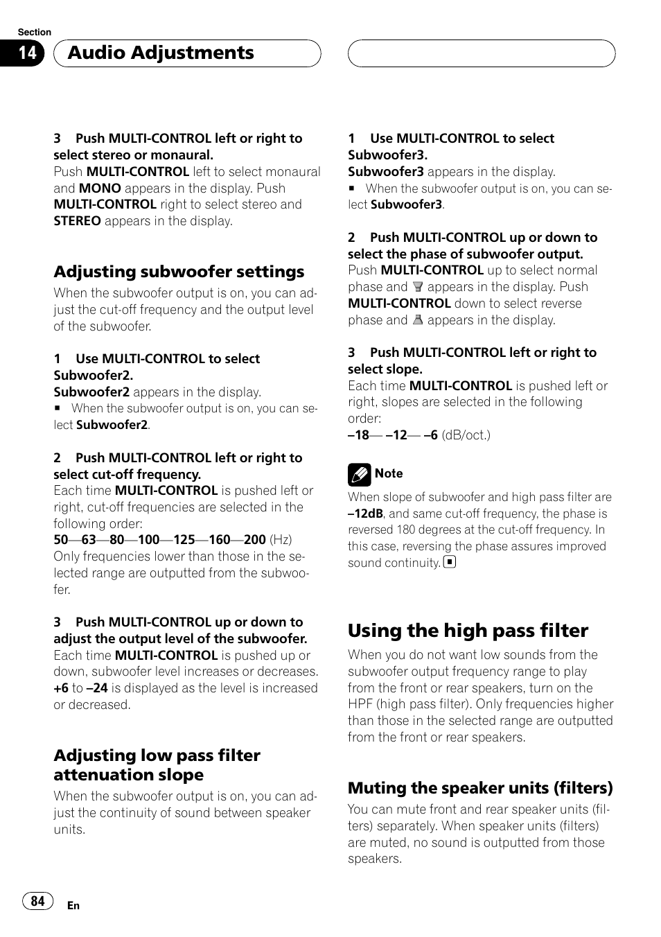 Adjusting subwoofer settings 84, Adjusting low pass filter attenuation, Slope | Using the high pass filter, Muting the speaker units (filters) 84, Adjusting subwoofer settings, Adjusting low pass filter attenuation slope, Audio adjustments, Muting the speaker units (filters) | Pioneer DEH-P9800BT User Manual | Page 84 / 233