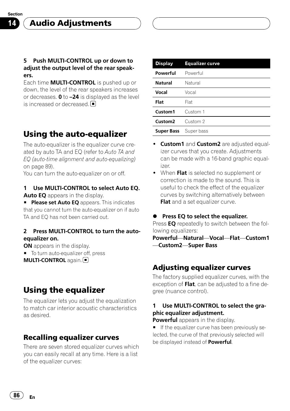 Using the auto-equalizer, Using the equalizer, Recalling equalizer curves 86 | Adjusting equalizer curves 86, Recalling equalizer curves, Adjusting equalizer curves, Audio adjustments | Pioneer DEH-P9800BT User Manual | Page 86 / 233