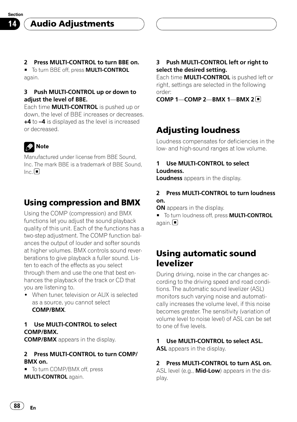 Using compression and bmx, Adjusting loudness, Using automatic sound levelizer | Audio adjustments | Pioneer DEH-P9800BT User Manual | Page 88 / 233