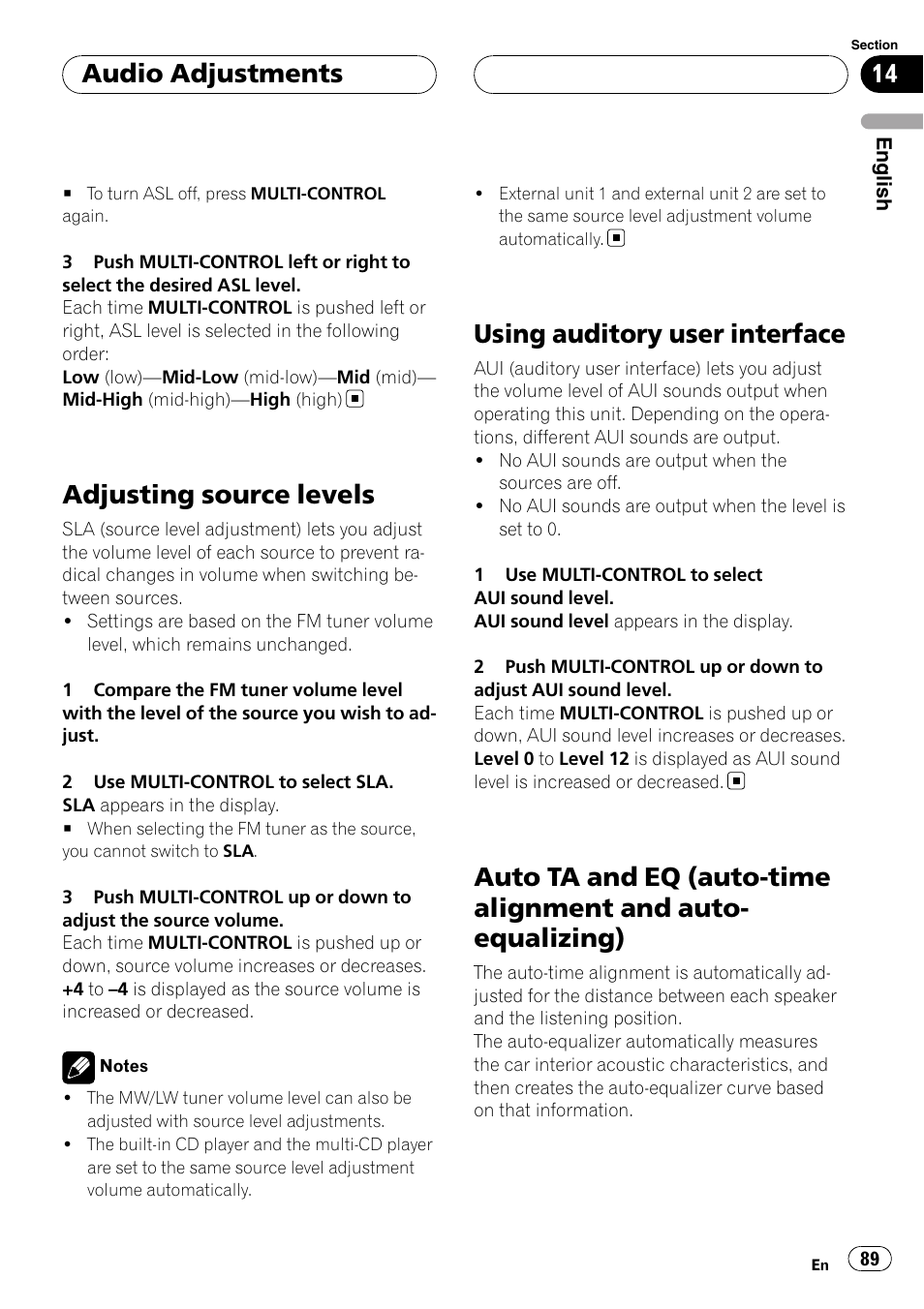 Adjusting source levels, Using auditory user interface, Auto ta and eq (auto-time alignment and | Auto-equalizing), Audio adjustments | Pioneer DEH-P9800BT User Manual | Page 89 / 233