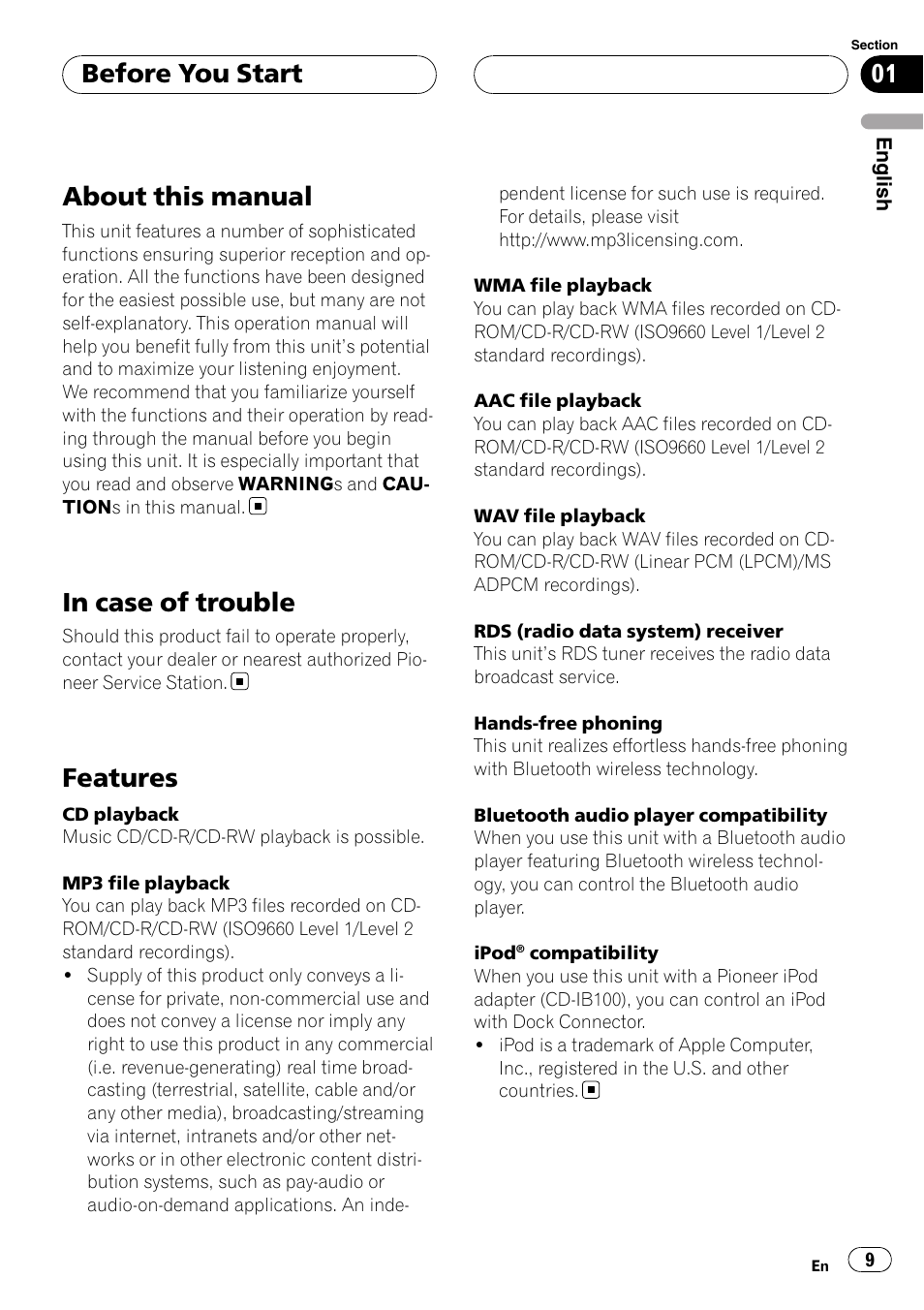 About this manual, In case of trouble, Features | Before you start | Pioneer DEH-P9800BT User Manual | Page 9 / 233